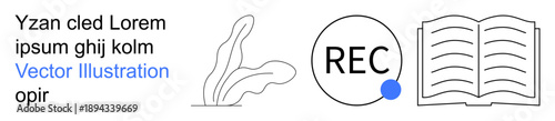 Education, recording, digital learning, design, publishing, creativity. Minimalist open book, plant leaves and REC symbol in a clean style. Education and recording concept