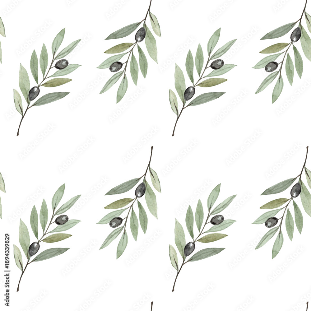 Obraz premium Olive branch horizontal watercolor seamless pattern isolated on white. Illustration perfect for Christian design, Lent season, devotion projects, religious layouts. Symbol of peace, spiritual renewal.