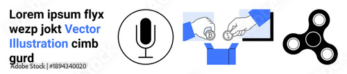 Communication, transactions, entertainment, digital services, e-commerce, modern tools. Microphone icon, hands exchanging coins fidget spinner image. Communication and transactions concepts