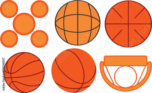 Collection of basketballs and related elements in cartoon style