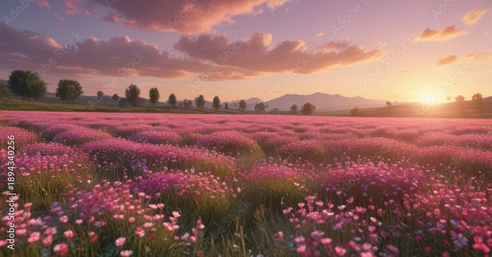 Obraz premium A serene landscape of a field with pink flowers swaying gently in the breeze, as the sun begins to set behind them , blooming, pink flowers, flowers in field