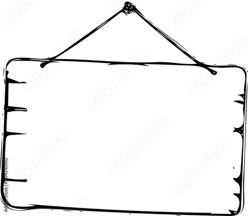 A black and white sketch of a blank wooden sign hanging by a string, ready for custom text or graphics