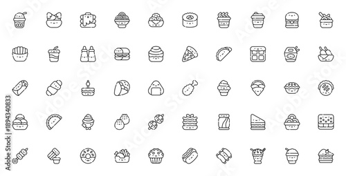 Fast food icon set. Vector illustration includes bubble tea, burger, pizza, sushi, fries, taco, donut, ice cream and more. Editable stroke.