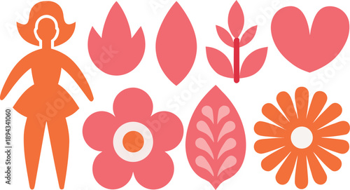 A charming collection of stylized elements including a woman, flowers, leaves, and a heart