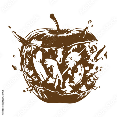 Vintage Grunge texture Illustration of a broken apple with splashes and fragments flying around it  a symbolic representation of a shattered or unhealthy lifestyle choice