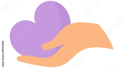 A hand holding a purple heart symbol, representing care and compassion, in a simple illustration style