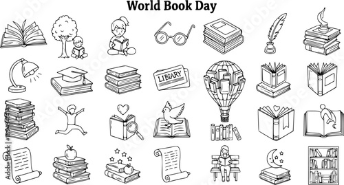World Book Day Black and White Line Art Doodle Icons Collection for Education and Learning, Hand Drawn Sketch Illustrations of Books, Reading, and Library Elements
