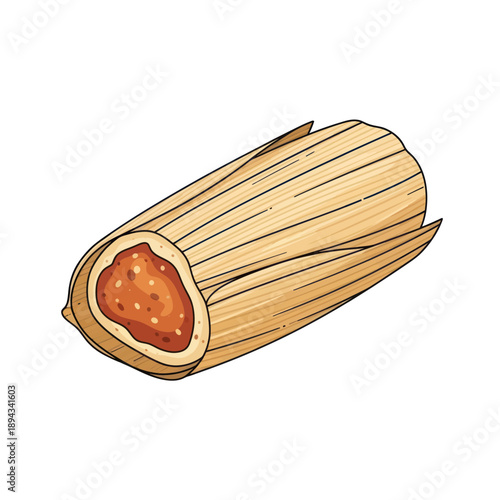 Authentic Tamale Wrapped in Corn Husk, Mexican Food Illustration