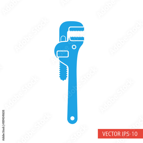 Blue Pipe Wrench Icon on White Background, Plumbing Tool Vector