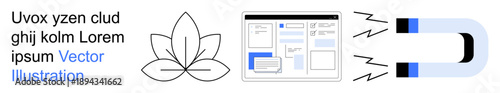 Digital marketing, wellness branding, UI design, content optimization, magnetism, balance. A lotus, website interface and a magnet illustration. Digital marketing and wellness branding concept