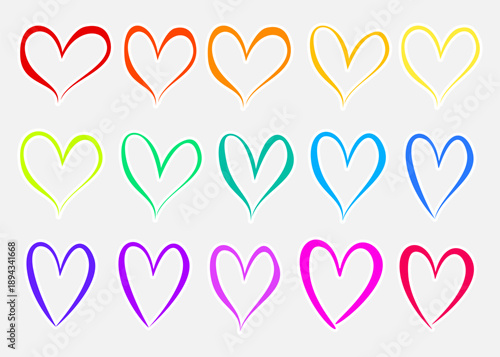 Rainbow heart sticker pack. Vector set of 15 colorful love labels with white border isolated on grey background.