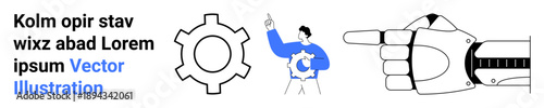 Gear, person holding gear, robotic hand pointing. Ideal for technology, engineering, innovation, teamwork, mechanical design, automation simple landing page