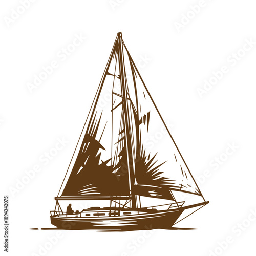 Vintage Grunge texture Sailing yacht with raised sails on calm water  recreational sailing