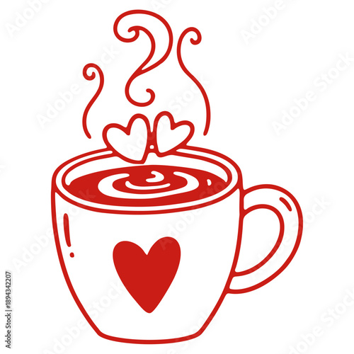 Love Mug Line Art Vector. Cute Hand Drawn Coffee Cup with Heart for Valentine’s Day.