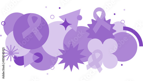 Cancer awareness banner illustration featuring ribbon symbol, flowers, and abstract shapes in various shades of purple, representing support and solidarity for cancer survivors and patients worldwide.