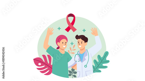 Medical professionals and patient celebrating cancer day with awareness ribbon and medical symbols in a vector illustration