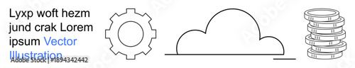 Cloud computing, data infrastructure, technology management, digital transformation, system integration, innovation. Gear, cloud icon and data stack lines. Cloud computing and data infrastructure