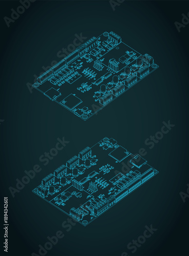 CNC controller and stepper motor drivers isometric blueprints