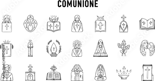 Hand-drawn Christian Religious Icons Set. Doodle Black and White Line Art Symbols for First Communion and Catholic Sacred Events.