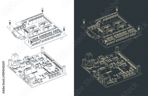 High-performance CNC control board isometric drawings illustrations