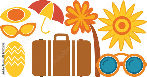 Summer vacation essentials including sunglasses, suitcase, and beach items