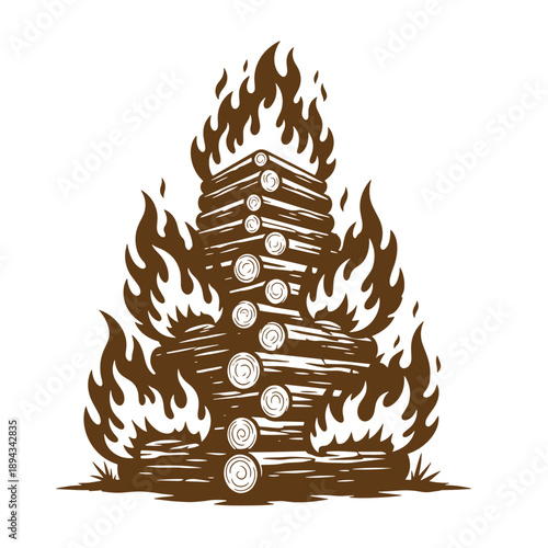 Vintage Grunge texture wood pile on fire with flames burning around it isolated on white background