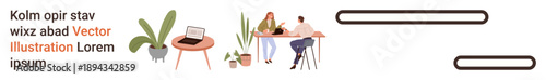 Business collaboration, teamwork, remote work, coworking, professional environment, workspace discussion. Two people at a desk with plants, laptop and documents. Business collaboration and teamwork