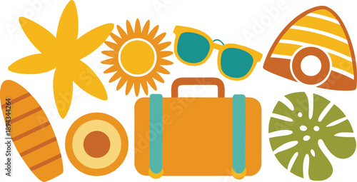 Summer vacation essentials illustrated with a surfboard, sunglasses, and luggage
