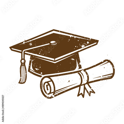 Vintage Grunge texture Graduation cap and diploma illustration symbolizing academic achievement and education success in one