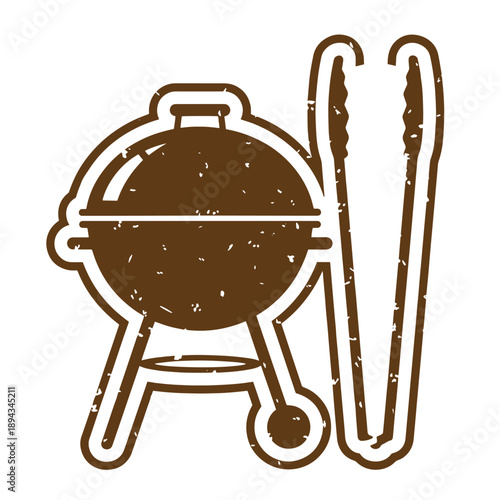 Vintage Grunge texture grill and tongs for outdoor cooking on white background