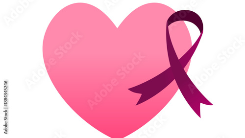 A pink heart with a purple ribbon symbolizing awareness and love in a simple graphic illustration