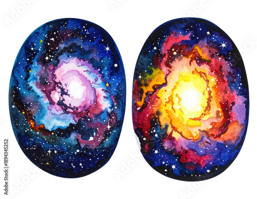 Two cosmic eggs depicting colorful galaxies, swirling with stars and nebulae