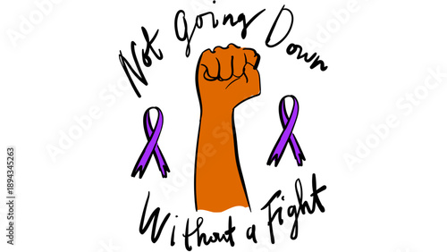 Illustration of a raised fist with purple ribbons symbolizing resistance and awareness