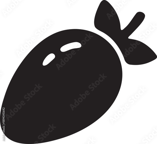 Stylized black illustration of a strawberry with leaves, isolated on white background