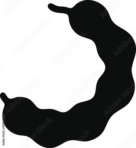 Abstract black silhouette of a curved tamarind pod against a clean white background, vector graphic