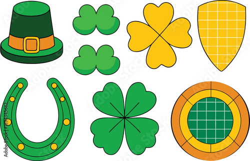 Saint patrick's day symbols: hat, shamrocks, horseshoe, shield, and pot of gold