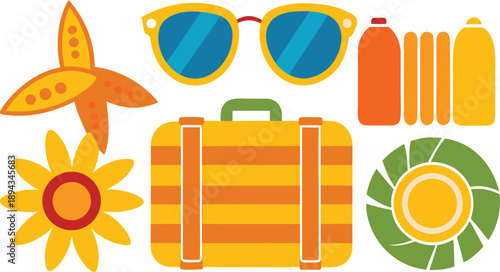 Summer vacation essentials including sunglasses, suitcase, and beach items