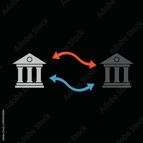 Bank Buildings Exchanging Money Digitally.