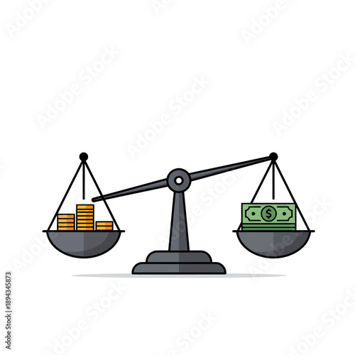 Balance Scale Weighing Coins and Banknotes.