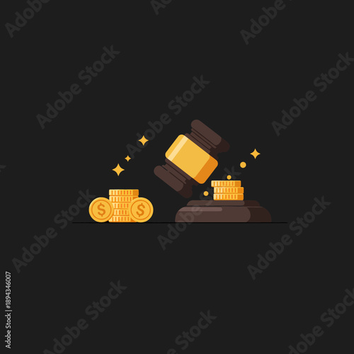 Gavel and Coins on Black Background.