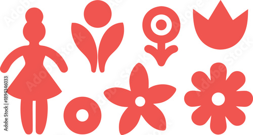 Collection of simple red icons representing a woman, flowers, and symbols
