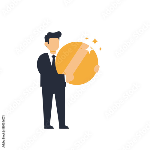 Man in Suit Holding Large Gold Coin.