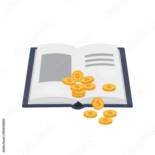 Open Book with Gold Coins Spilling Out.