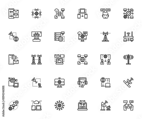 Communication icon set. Vector symbols for message, chat, email, network, cloud, server, satellite and more. Editable line icons.