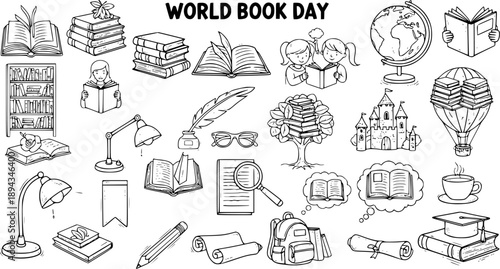 Education and Literature Hand-drawn Doodle Line Art Collection of Books, Reading, and Learning Objects for World Book Day