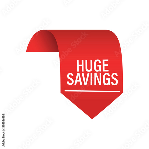 individual red ribbon tag with huge savings text for significant retail discount and promotional offers