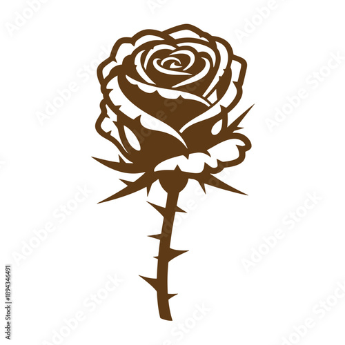 Vintage Grunge texture Illustration of a brown rose with thorns on stem isolated on white background  a single flower