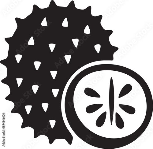 Striking black icon of a soursop fruit and a slice, featuring spiky skin and internal seed pattern, representing exotic produce.