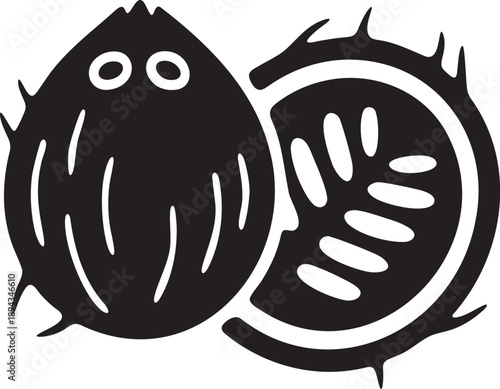 Clean black and white icon of a whole coconut and a cut section, revealing its fibrous husk and internal pattern.