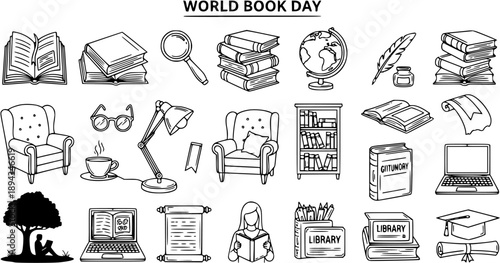 World Book Day illustration: Black and white line art icons of books, reading, and education for library and literature themes.